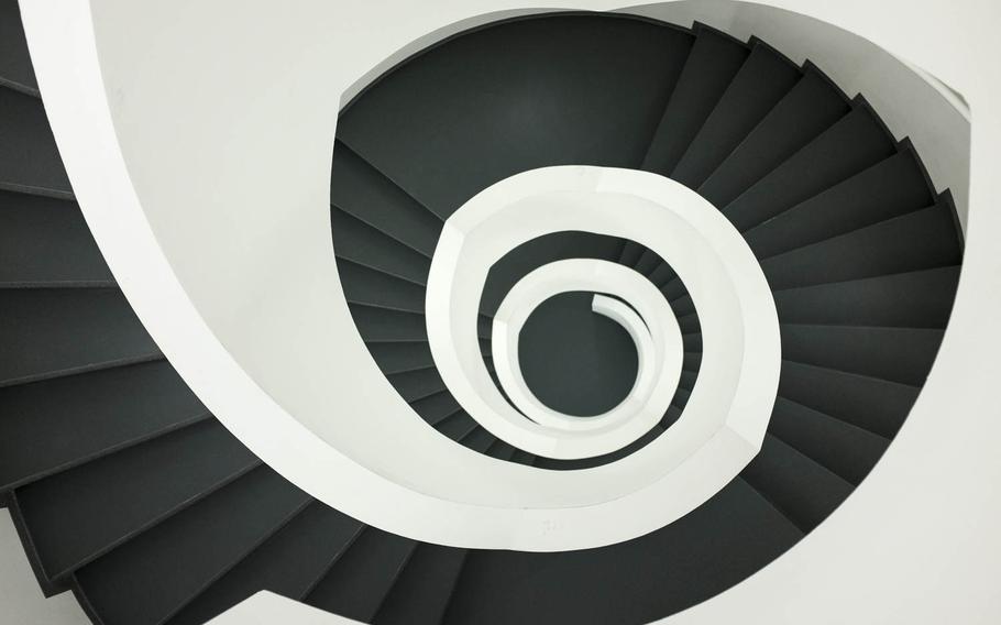 A view from the top of a stairwell at the Leica manufacturing and administrative complex in Wetzlar, Germany.