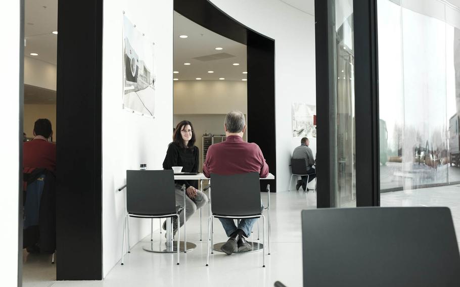 Visitors and employees to the World of Leica, the Leica manufacturing and administrative complex, eat lunch in the complex's restaurant in Wetzlar, Germany.

Joshua L. DeMotts/Stars and Stripes