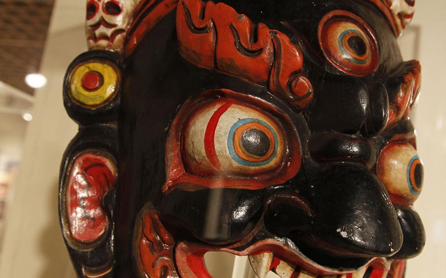 
A wooden Bhairava mask on display. Such masks are used during the Lama Dance throughout the Himalayan region to depict fierce yet protective deities.