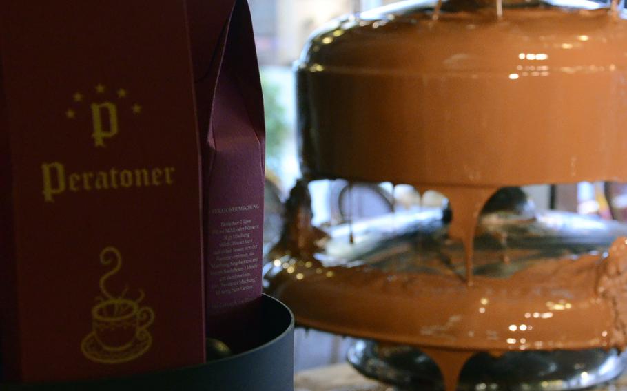 A fountain flowing with chocolate adorns the entryway of Peratoner where you can feast on sweets and enjoy a variety of hot drinks.
