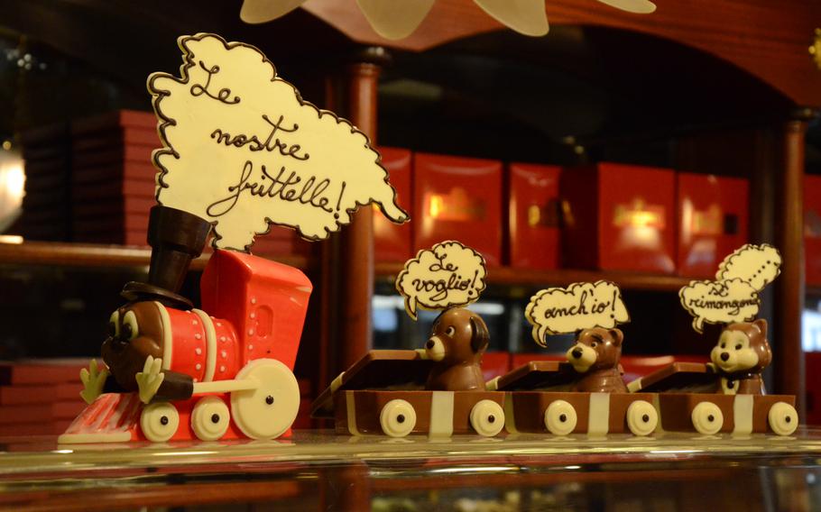 Peratoner, a chocolate shop in the walking district of Pordenone, Italy, produces elaborate pieces of chocolate, such as this train.