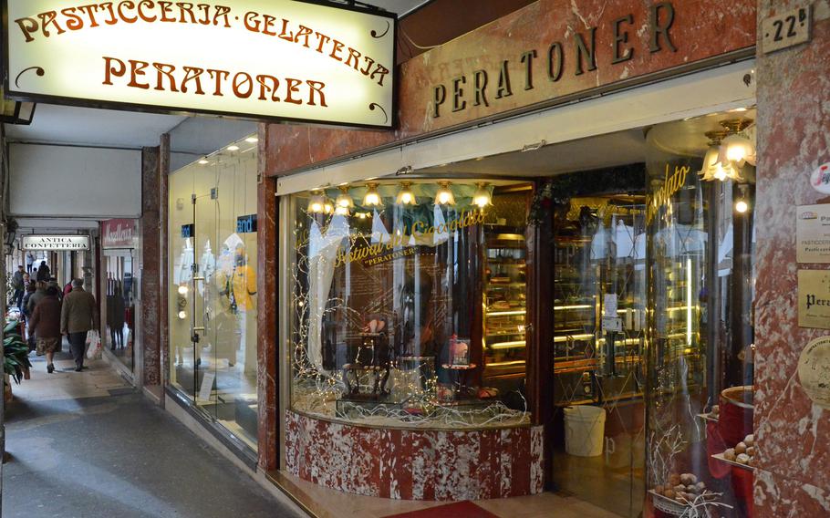 The entrance to Peratoner, a chocolate shop located in the walking district of Pordenone, Italy.