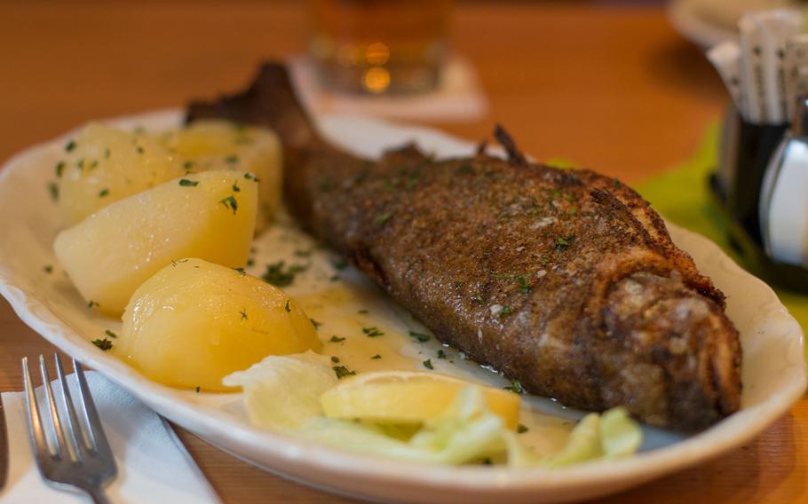 This pan-fried, herb-crusted trout with some simple butter potatoes is one of the best dishes available at Gasthaus Glash?tte.