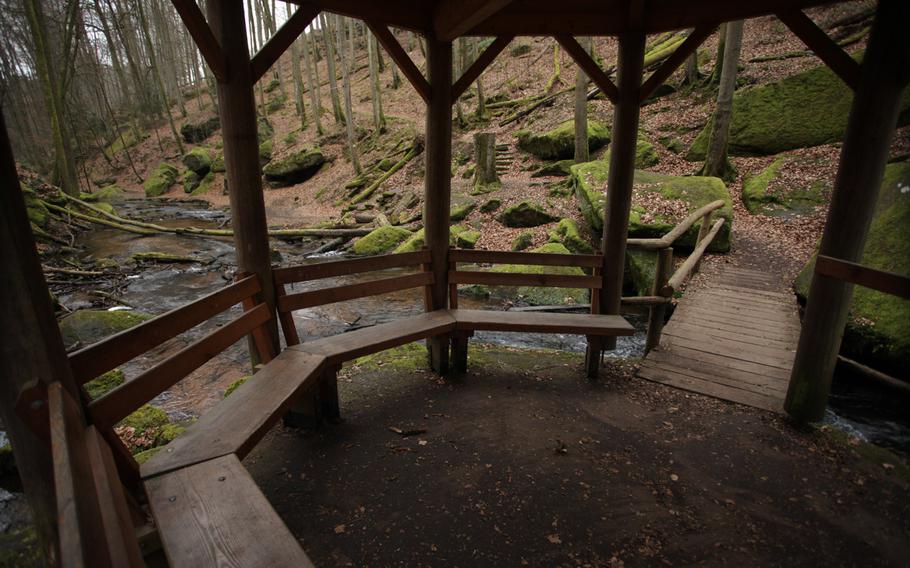 A gazebo at roughly the halfway point up the Karlstalschlucht trail offers seats to enjoy the sights and sounds of the nature below.