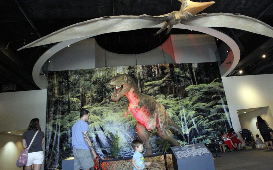 A Tyrannosaurus rex greets visitors with a blood-curdling screech at the Bishop Museum's "Dinosaurs Unleashed" exhibit in Honolulu.