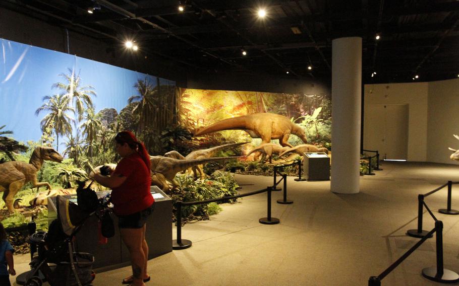 The main exhibit hall at "Dinosaurs Unleashed" at the Bishop Museum in Honolulu. 