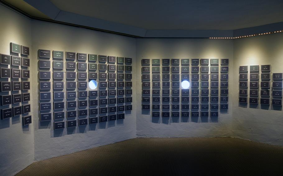 Each plaque on the wall of a room in the Peace Museum in Remagen, Germany, represents a war or conflict between the end of World War II and today. The museum is inside the two towers on the west bank of the Rhine River in the remains of the Ludendorff Bridge, destroyed in World War II.