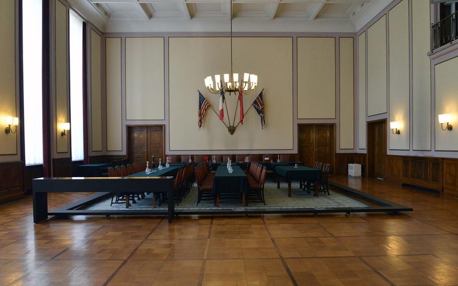The hall in the German-Russian Museum in Berlin-Karlshorst where the Nazis signed their unconditional surrender shortly after midnight May 9, 1945, ending World War II in Europe. The building, a former German officers' mess, was Red Army headquarters during the battle for Berlin when the surrender was signed.