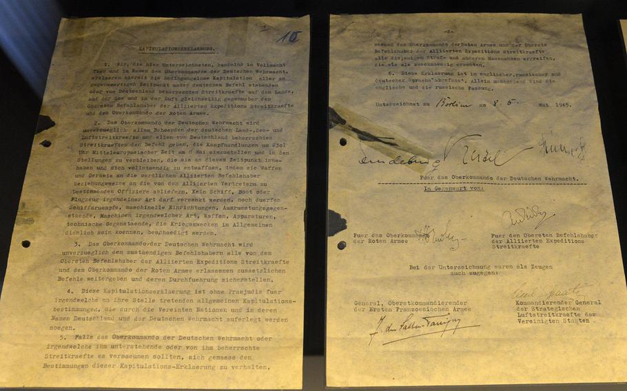 A facsimile of the surrender document in German, on display at the German-Russian Museum in Berlin-Karlshorst. Three copies were signed shortly after midnight May 9, 1945, one in German, Russian and English.
