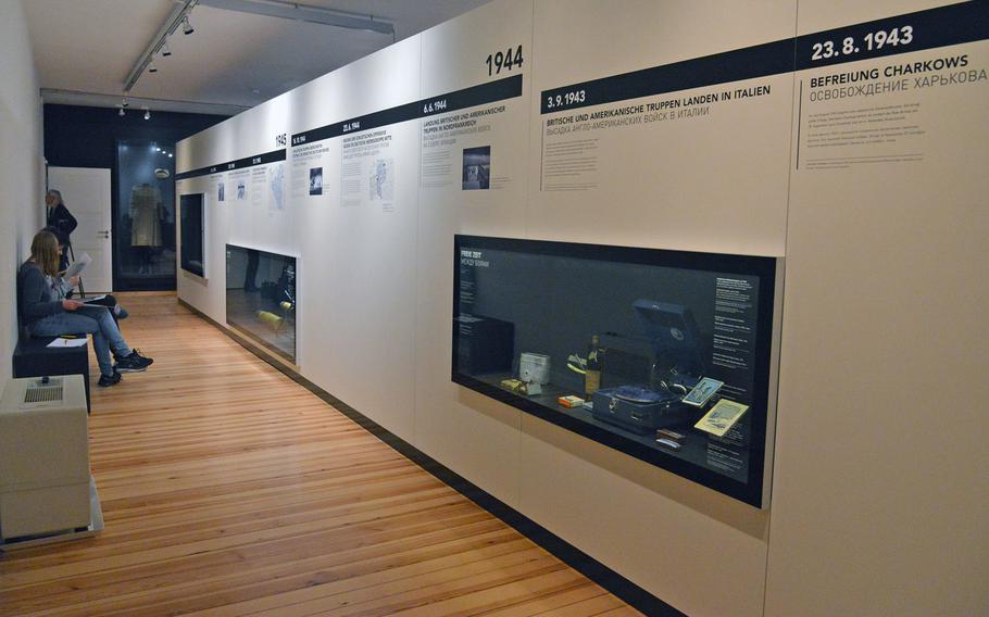 A World War II timeline with artifacts from the period on display at the German-Russian Museum in Berlin-Karlshorst. The museum, housed in the building where Nazi Germany signed their unconditional surrender to the Allies in 1945, traces the relationship between the two countries from 1917 to 1990 with emphasis on World War II.