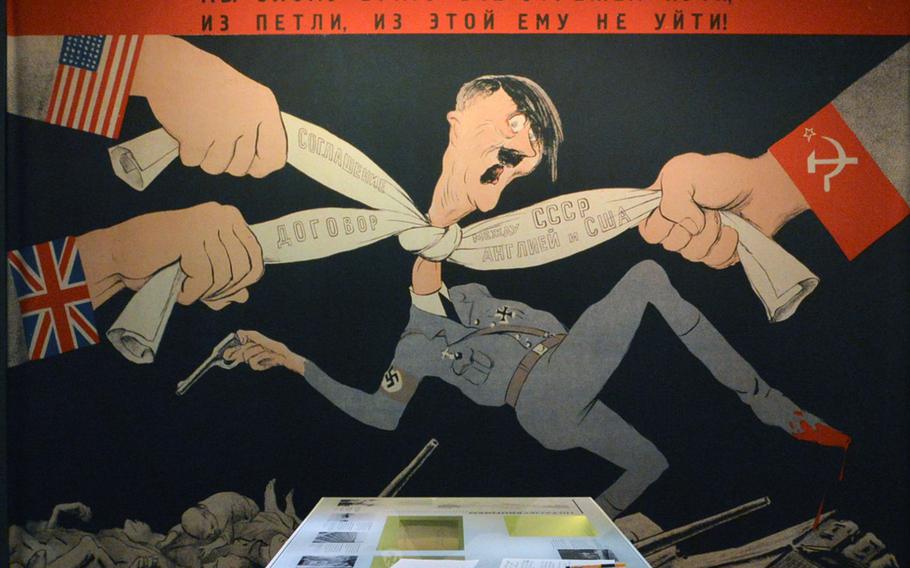 One section of the the German-Russian Museum in Berlin-Karlshorst focuses on the anti-Hitler coalition of the Soviet Union, the United States and Great Britain. This giant poster depicts Hitler being strangled by the Allies.