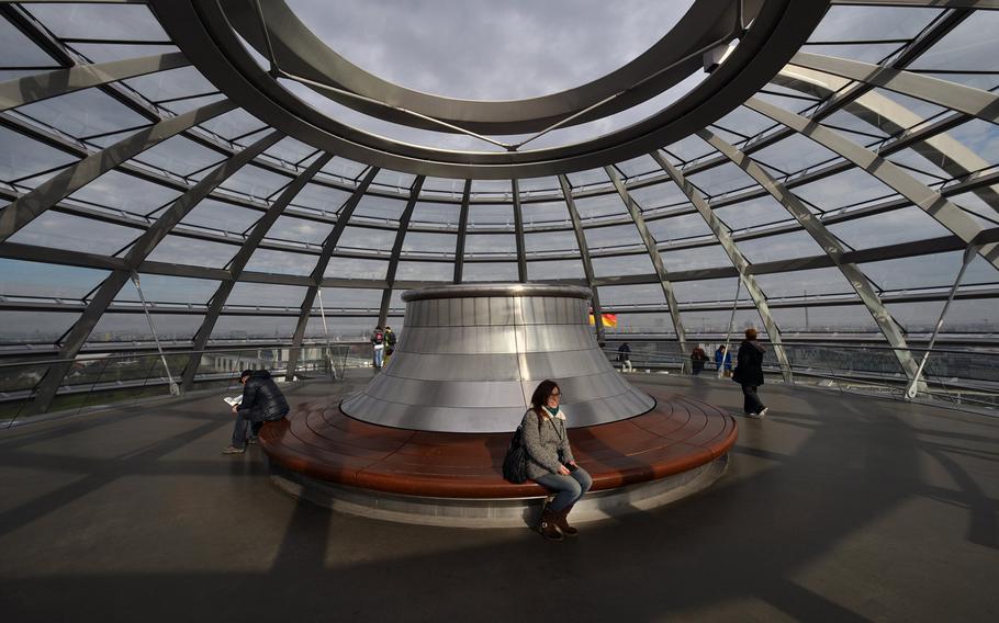 The  upper platform of the Reichstag cupola with its wonderful view of Berlin. Spiraling ramps lead up and down around the cupola, offering a 360-degree view of the German capital.