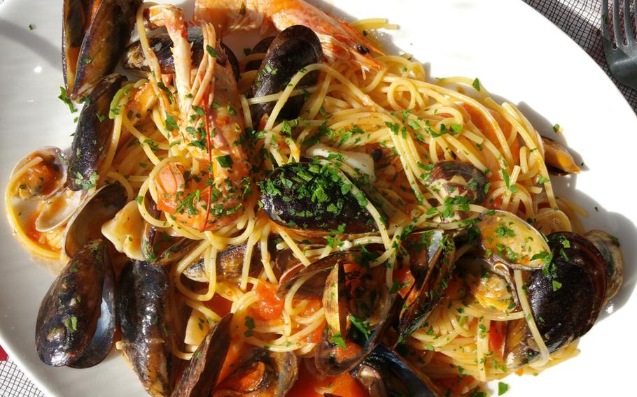 After working up an appetite cycling Italy's west Liguria cycle track, treat yourself to spaghetti frutti de mare, loaded with seafood. It's only 11 euros at Ristorante Bar Emy near the beach in San Lorenzo al Mare.