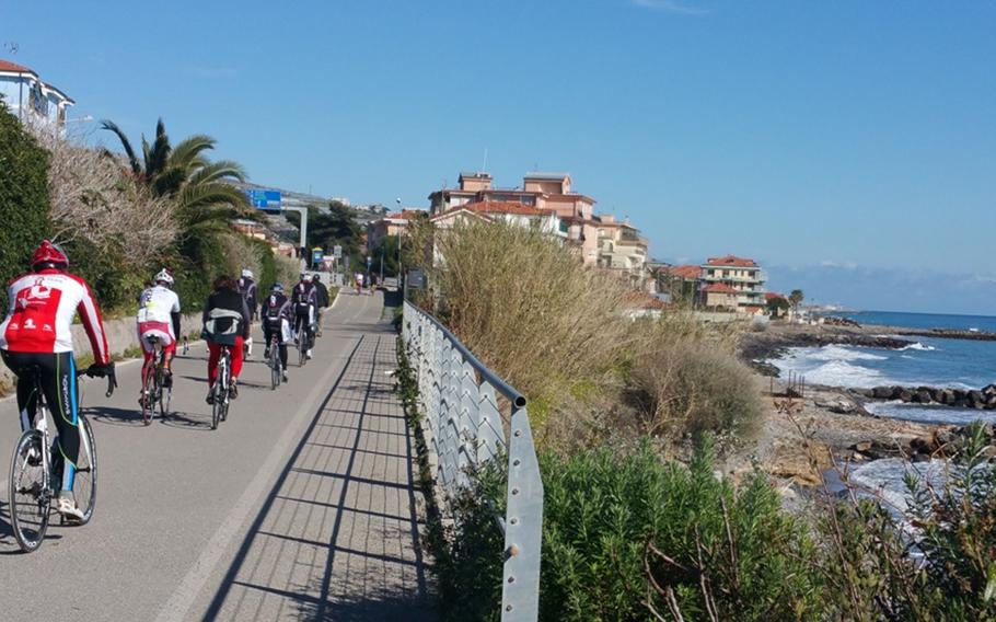 The 13- mile-long, west Liguria cycle route is mainly along Italy's scenic Mediterranean coast.  It's flat, easy pedaling for all.