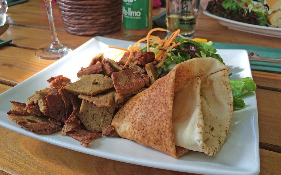 Vegan fare at Munich's Max Pett ranges from traditional analogs like this doner kebab replacement to more unusual offerings like "palak" tofu.  
