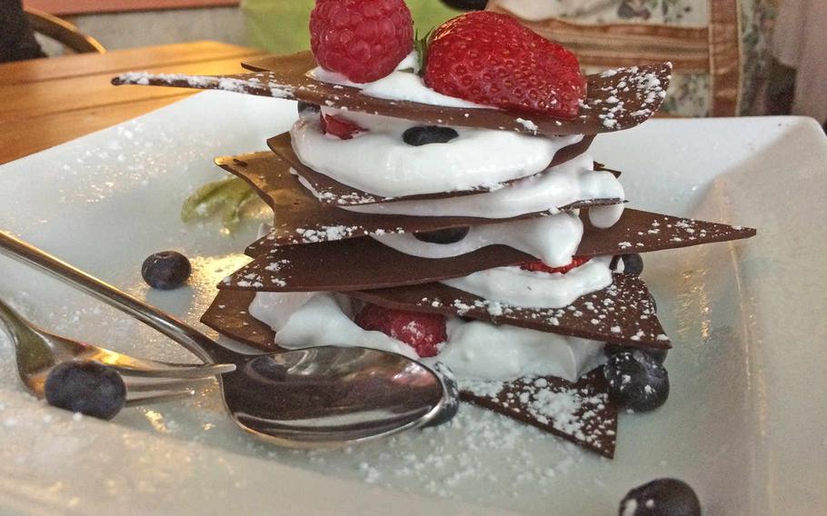 Not every dessert was perfect at Max Pett. This chocolate "lasagna" was basically just shards of chocolate sandwiched with whipped cream and berries. While fine flavor-wise, it was way too difficult to eat.