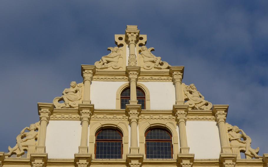 The top of the late 16th-century Haus Hagemeyer in Minden, Germany. The two-color house is the town's best example of architecture known as Weser Renaissance, a style that is found along the Weser River.