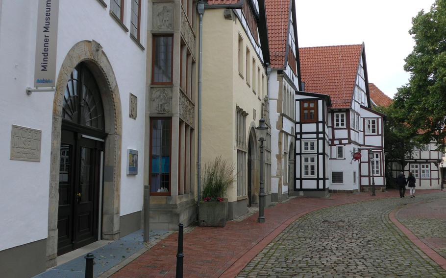 A view of Ritterstrasse in Minden, Germany, with the mixture of architecture that makes up the Minden Museum. The northern German town is easily walkable and has a bounty of interesting architecture.