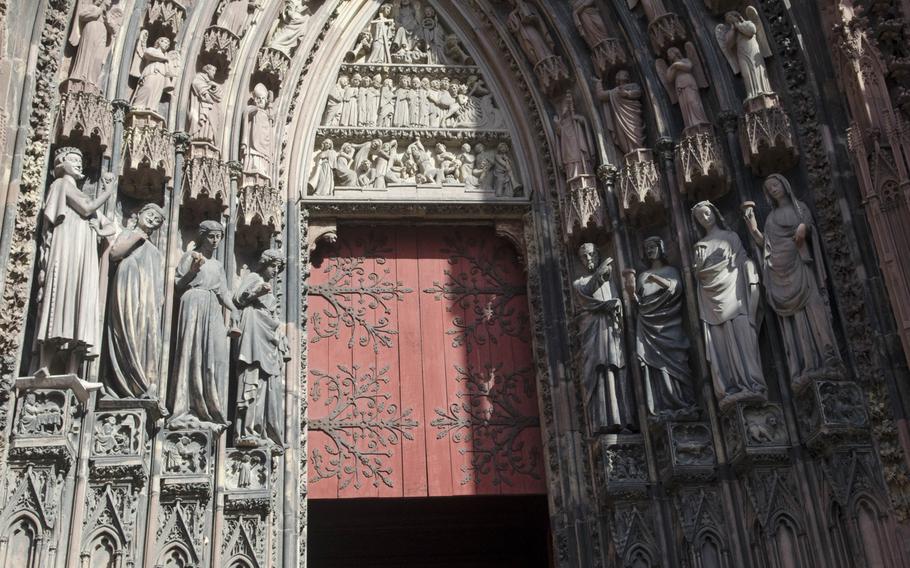 A detail from the facade of Strasbourg Cathedral in Strasbourg, France.