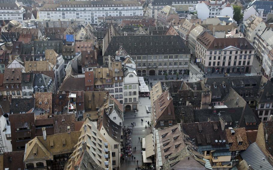 A view of the old city of Strasbourg, France, from the top of the Notre Dame Cathedral. For 5 Euro, visitors can climb nearly 300 feet to the top of the cathedral, with views of the distant Vosges Mountains.