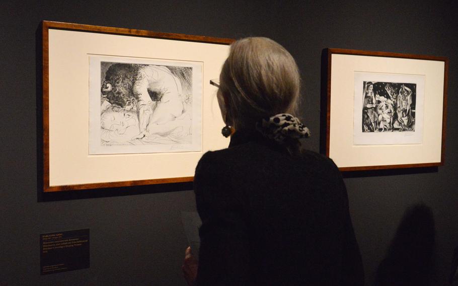 works by Pablo Picasso are included in the "Masterworks in Dialogue" exhibit at the Staedel in Frankfurt, Germany.  At left is "Minotaur Caressing a Sleeping Woman" from a private collection and the Staedel's "Blind Minotaur Led by a Young Girl in the Night," at right.