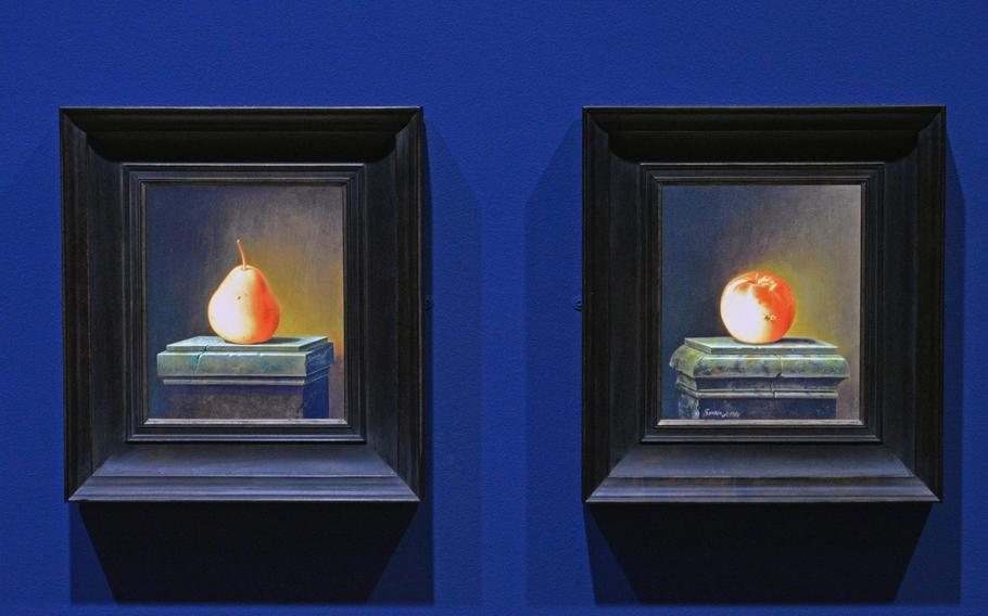 Rob and Nick Carter's  2014 works "Transforming Diptych" after Justus Juncker's "Still Life with Pear and Insects" and "Still Life with Apple and Insects" from 1765, are framed iPads, and the insects seem to fly from iPad to iPad landing on the fruit. The Carters' and Juncker's works can be seen at the "Masterworks in Dialogue" exhibit at the Staedel in Frankfurt, Germany.