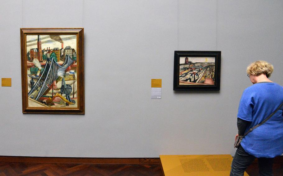Two paintings of Frankfurt by Max Beckman are among the works exhibited in the "Masterworks in Dialogue" at the Staedel in Frankfurt, Germany. To celebrate its 200th anniversary, the museum brought masterpieces from other museums to display with works of its own. At left is "Der Eisner Steg" from the Kunstsammlung Nordrhein-Westfalen, Duesseldorf, and the Staedel's "Ice on the River," at right.