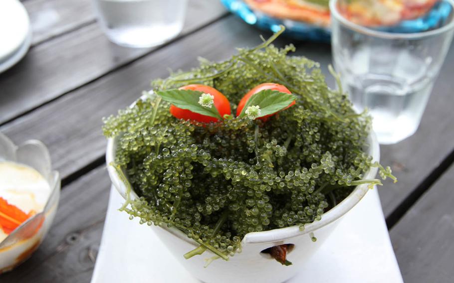 Fuu Cafe's green caviar with Yanbaru agu-pork on rice is a tasty take on a local delicacy from this Sesoko Island restaurant in northern Okinawa, Japan.