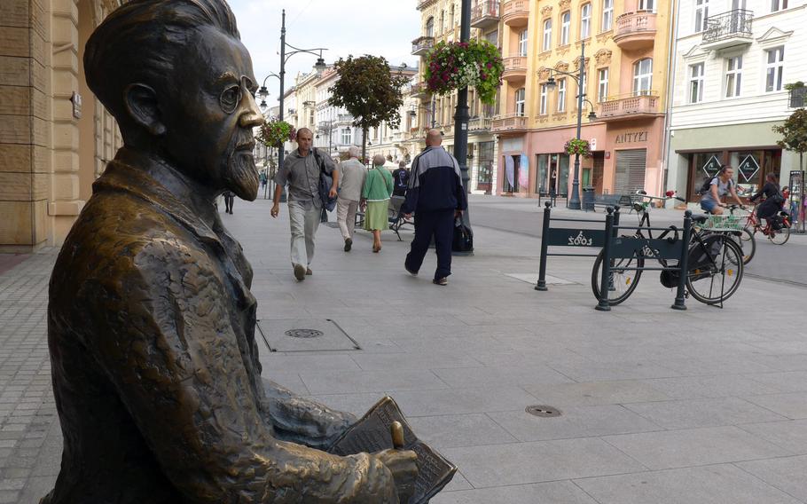 A statue of Wladyslaw Stanislaw Reymont, a Polish novelist and Nobel laureate in literature stands on Piotrkowska Street in downtown Lodz.