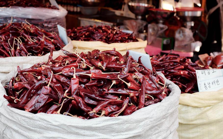 Though almost any household good is available at Tong Bak Market in Pyeongtaek, South Korea, food is the main theme. Here, customers can buy dried chili peppers in bulk.
