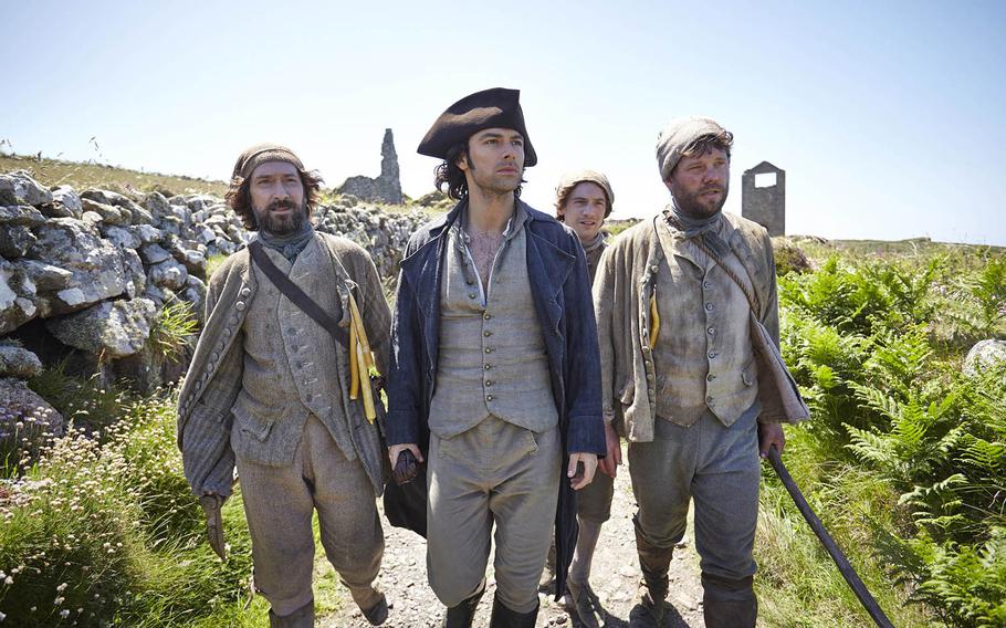 Mining is key to the history of Cornwall, England, and so it is woven deeply into Winston Graham's "Poldark."  In the 2015 BBC production, Ross Poldark, played by Aidan Turner, center, and his miners walk amidst historic mines in Cornwall. The mine on the left behind the actors is Wheal Owles; to the right is Wheal Edward.