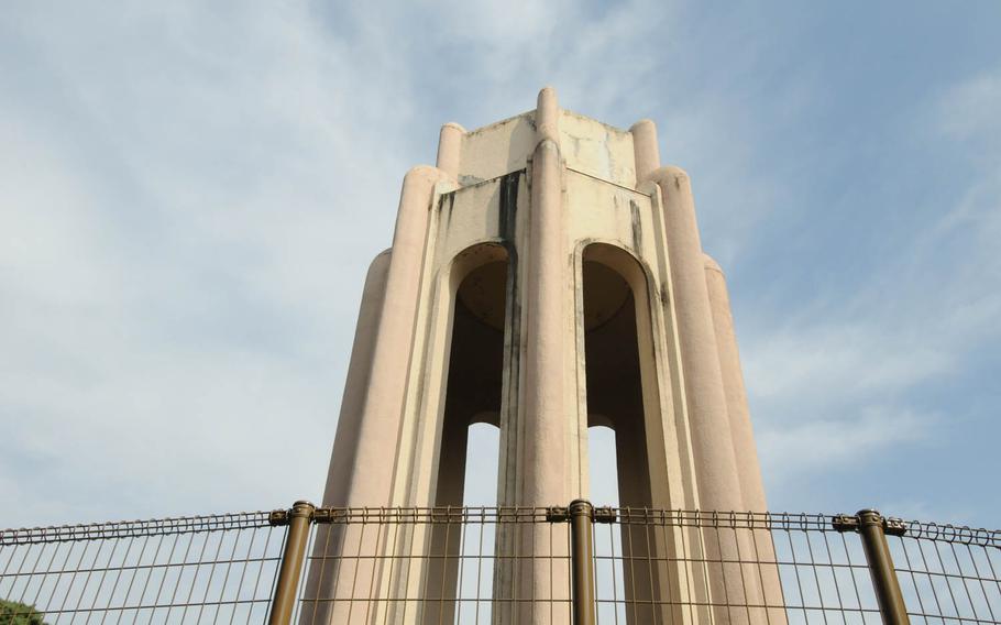 Bullet holes found on this decorative tower at Tama Reien, a cemetery in Fuchu, Tokyo, Japan, are thought to come from U.S. strafing during World War II, cemetery officials say.