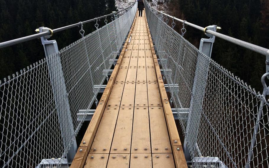 The walkway on the suspension bridge near Moersdorf is about 33 inches wide, which is just enough for people to pass each other without feeling uncomfortable.