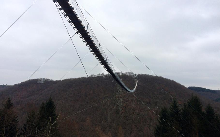 The quarter-mile-long suspension bridge near Moersdorf sits 300 feet above the forested valley of a Mosel River tributary.