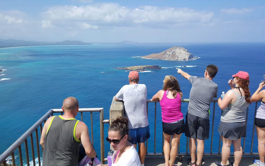 Hikers in Hawaii view islands and whales after reaching the paved summit of the Makapu'u Lighthouse Trail on Oahu. Rocky paths lead to higher elevations.