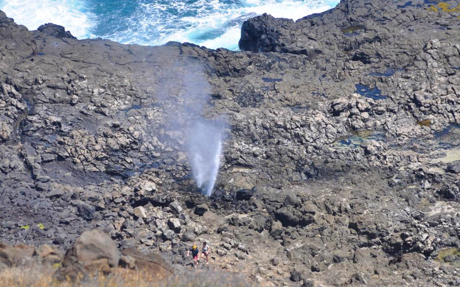 Hikers walk beside Dragon's Nostrils, twin blowholes that erupt when tide water hits the rocky cliffs just right at Makapu'u Point Lighthouse Trail.