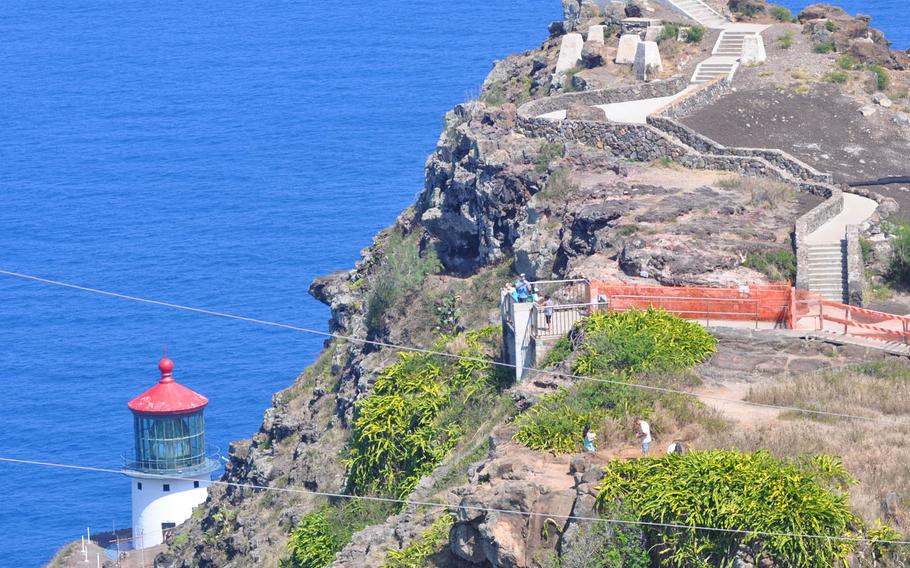 Makapu'u Point Lighthouse Trail sits at the end of the Oahu hike and can be seen from a couple of vantage points. Construction is underway on a flight of concrete stairs that will lead to a viewing area directly over the lighthouse.