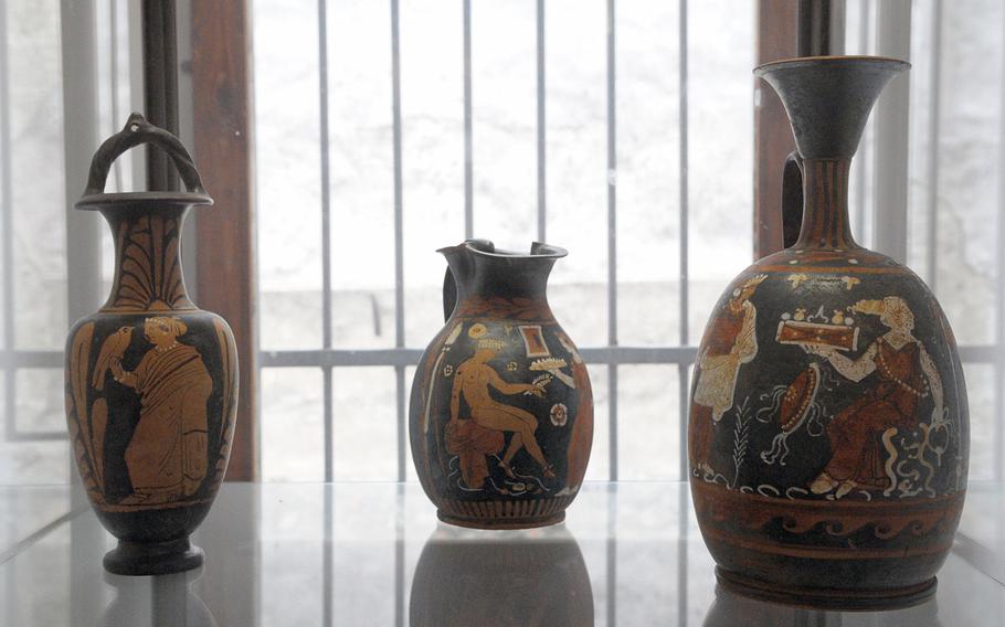 Vases excavated from the area near the U.S. Navy base in Gricignano, Italy, and dating to the fourth century B.C. are displayed at the Archeological Museum of Agro Atellano in nearby Succivo.