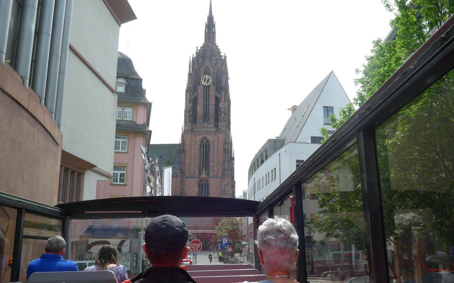 A view from a tour bus of the Frankfurter Dom, the city's cathedral. Officially the Kaiserdom St. Bartholomaeus, emperors of the Holy Roman Empire were crowned here from 1562 to 1792. 