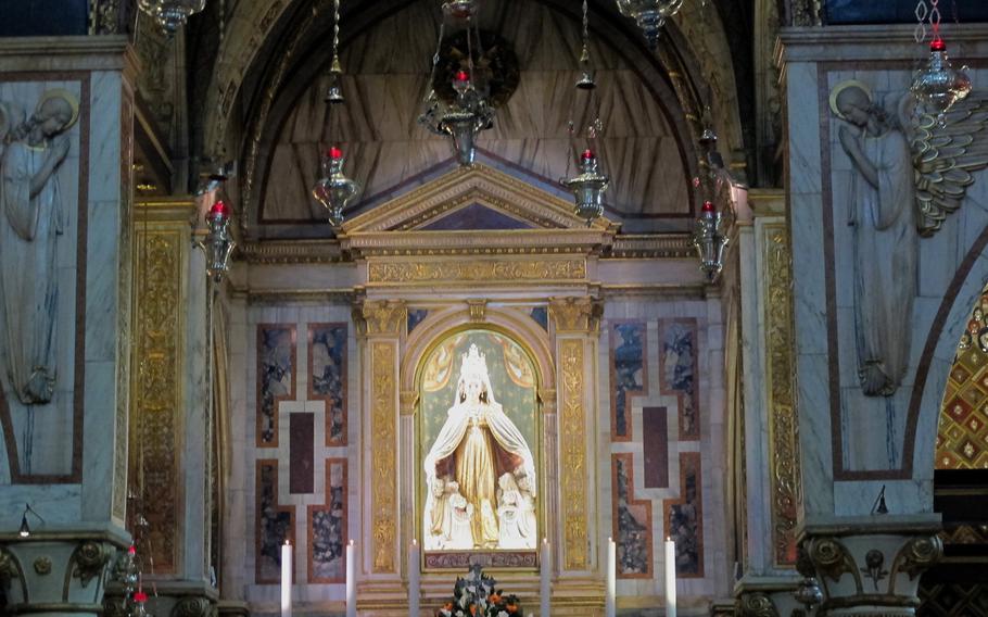 An ancient statue of Mary adorns the alter of the Sanctuary of the Madonna of Monte Berico, a baroque church built in 1703. The original church was constructed in the 15th century after a local woman said that Mary had appeared to her saying she'd help end the plague if the town built a church.