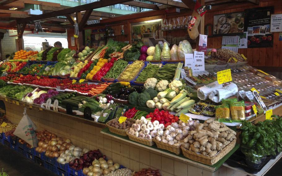 Kleinmarkthalle, or the little market hall, in the center of Frankfurt, Germany, sells fruits and vegetables. The hall is one of the stops on the Frankfurt on Foot walking tour, which takes about four hours and runs 365 days a year.