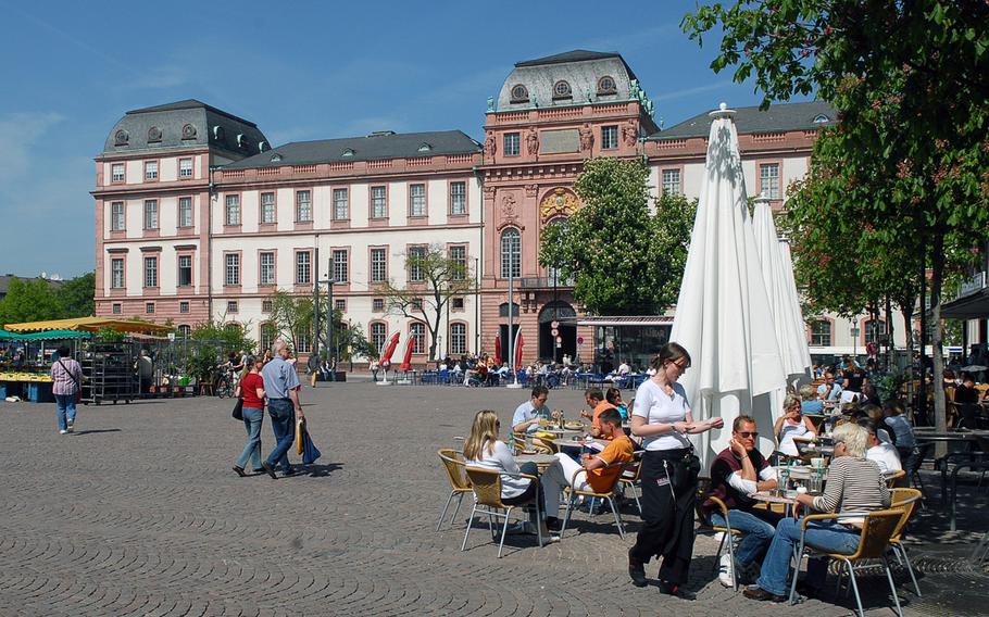 The Schloss, as seen from the market place, was the former residential palace of the landgraves. Built in the early 18th century, it was heavily damaged in World War II and rebuilt after the war. Today it belongs to the Darmstadt Technical University. The Marktplatz, once quite dead except at market time, is  lined today with cafes and restaurants.