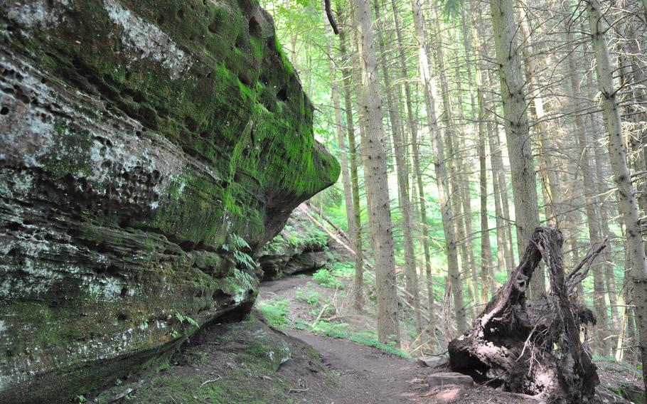A huge rock buttresses the trail along Rodalben's Felsenwanderweg, which translates as "rock trail." The  loop is popular with mountain bikers and hikers.