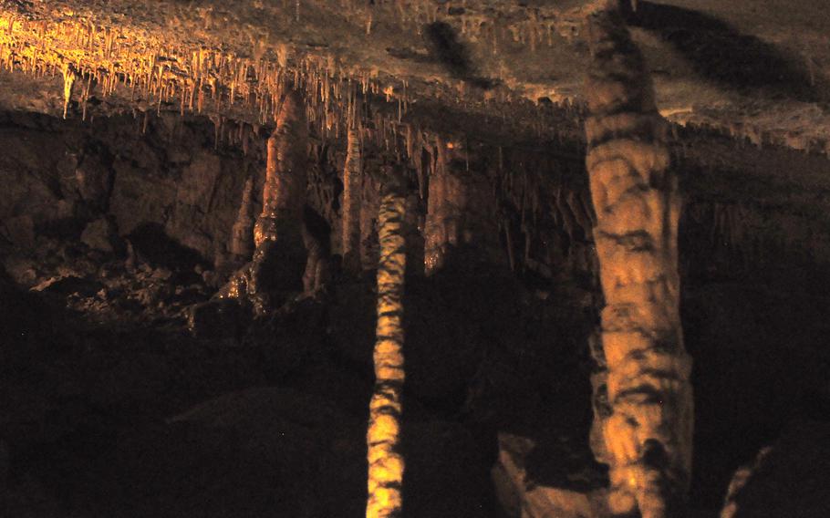 There aren't many areas visible to tourists where stalactites meet up with stalagmites, forming columns. Visitors are told not to touch any of the formations, as doing so will halt any further formation.