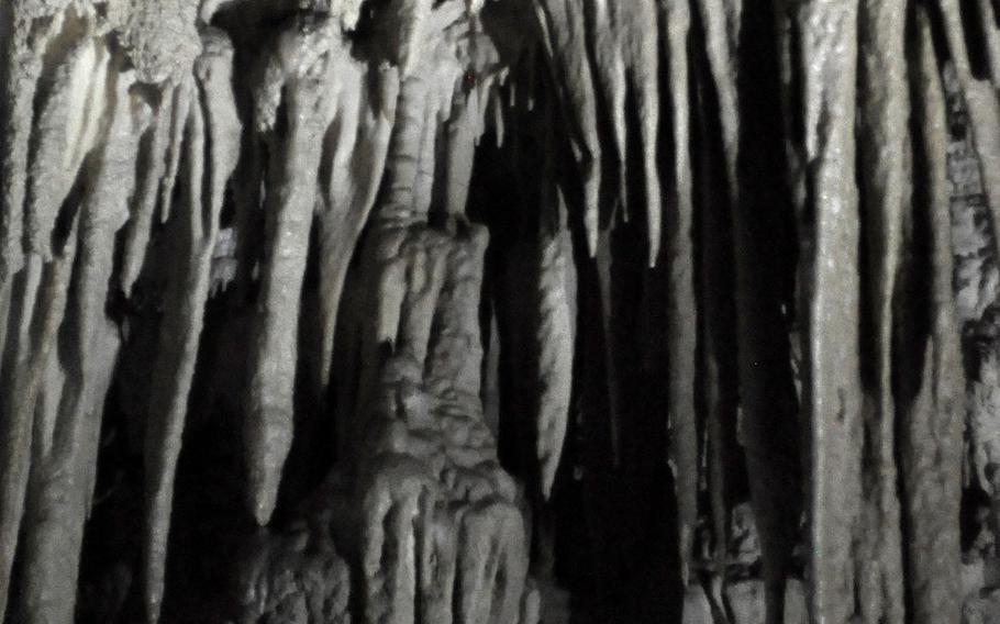 Parts of the low-lit Grotta Nuova di Villanova are more than a bit spooky. They'd likely appear even more so without flloodlights that are spaced strategically along the path that visitors take.