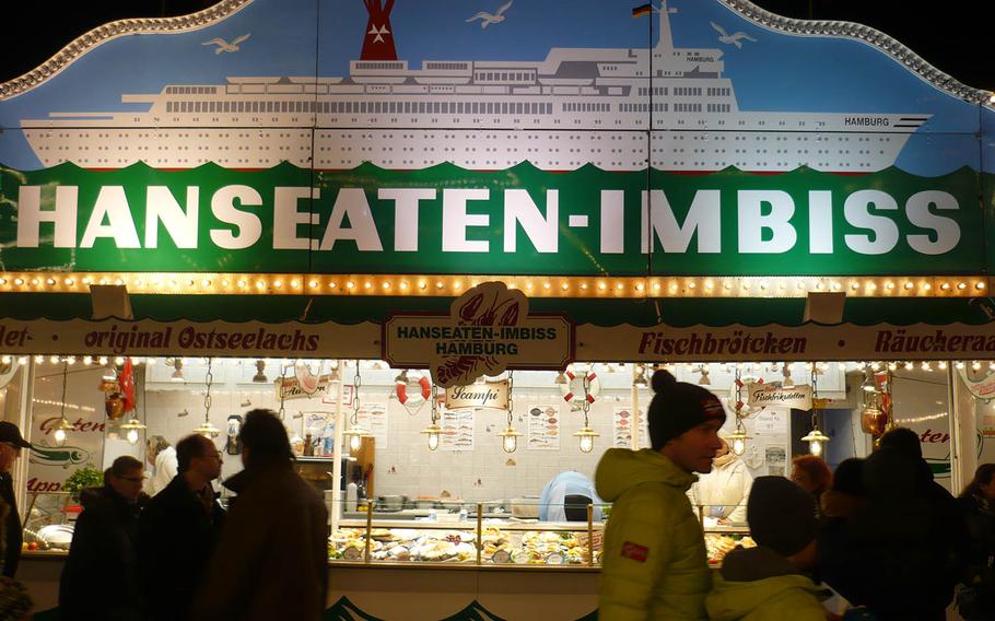 A stand selling fish and seafood products hints at Hamburg's maritime heritage at the 2016 Hamburger DOM. Photo by Karen Bradbury/Stars and Stripes