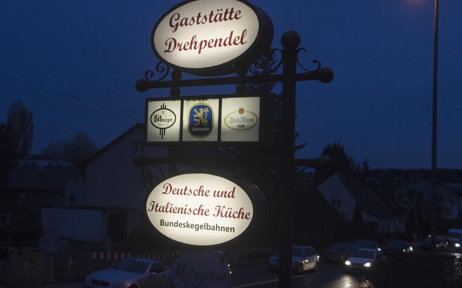 The sign for Gastaette Drehpendel, a homey German and Italian restaurant within walking distance of most of Wiesbaden's U.S. housing areas.
