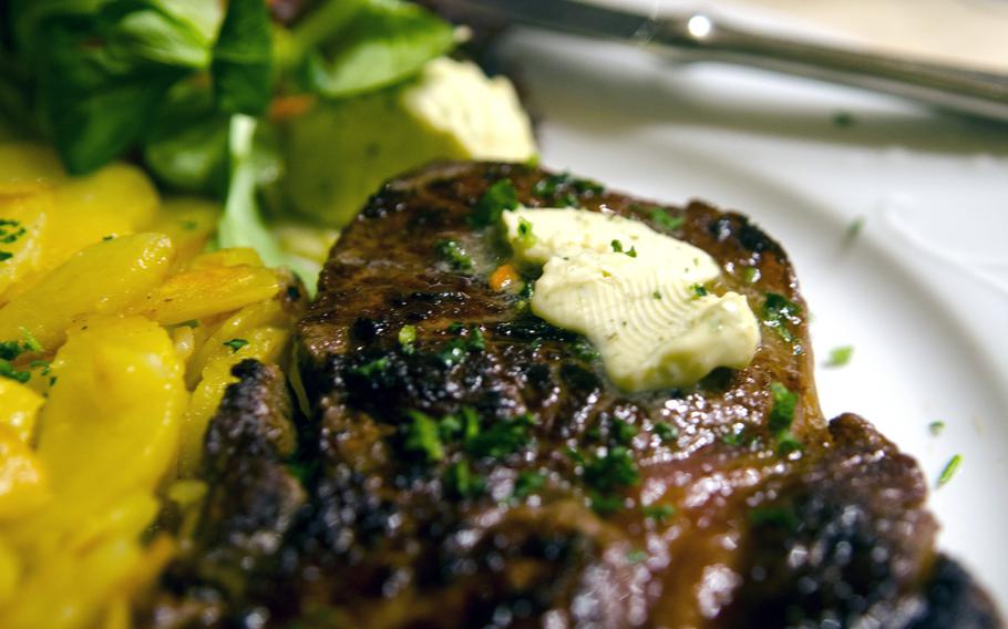 A steak with garlic butter at Gastaette Drehpendel, a cozy restaurant in the sleepy Wiesbaden suburb of Bierstadt which offers a range of German and Italian dishes.