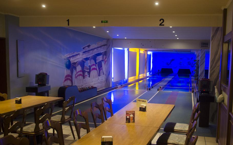 The bowling room at Gastaette Drehpendel, a German and Italian restaurant in the Wiesbaden suburb of Bierstadt. Despite being connected to the restaurant's dining room, thick walls prevent pins falling from disturbing diners.