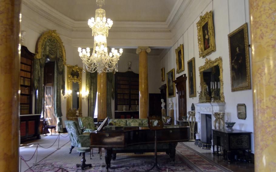 The Hervey library inside the Ickworth House in Horringer, England. Paintings by renowned artists Velazquez, Titian, Kauffman, Reynolds and Gainsborough hang throughout the house.